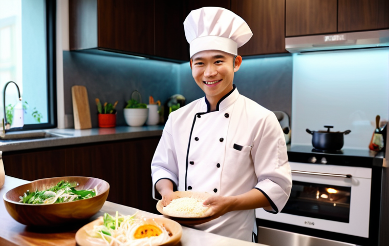 ** A young Vietnamese chef, smiling, in a modern kitchen, filming a short, engaging cooking video for TikTok. Focus on bright lighting and delicious-looking food.

**